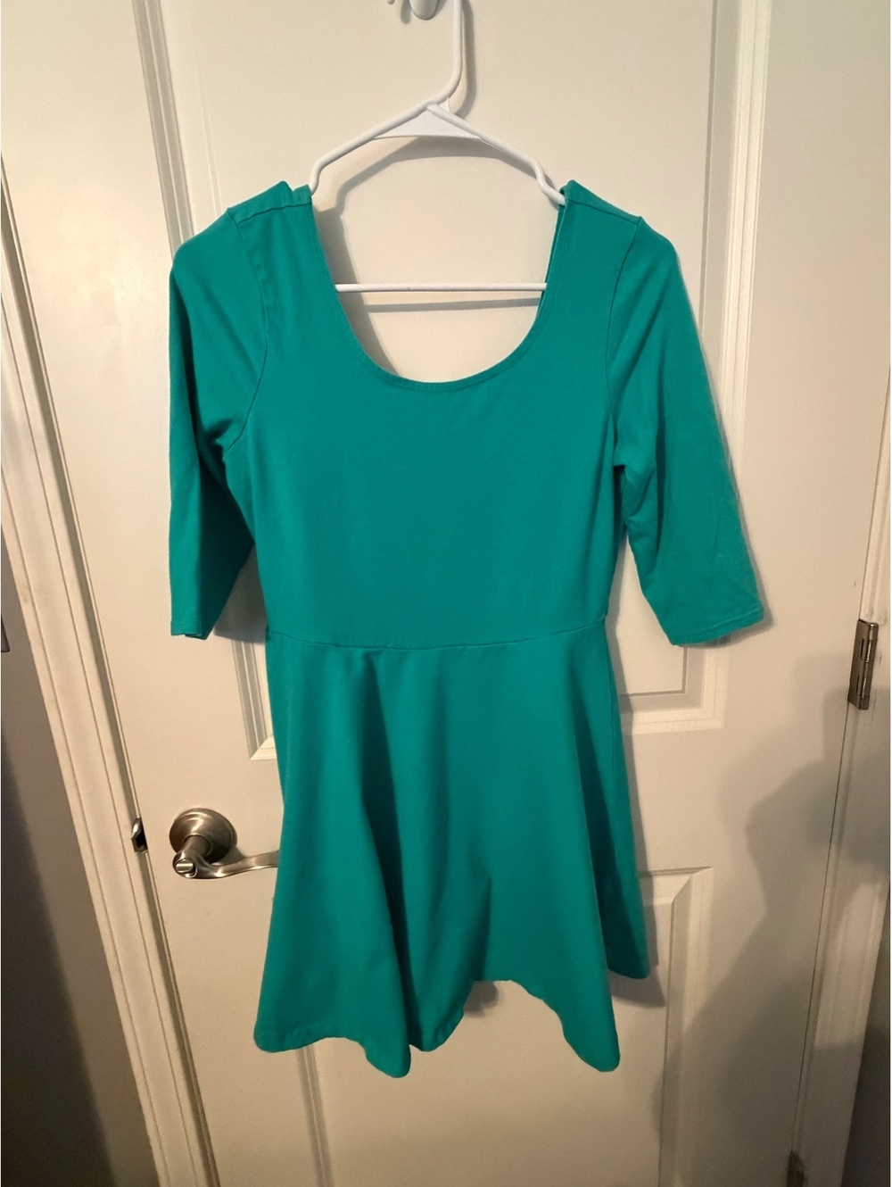 Express Women's Teal Green Fit and Flare Dress with 3/4 Sleeves and Front Zipper